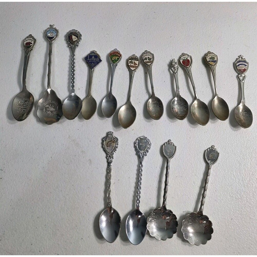 Lot Of 15 Assorted State City Souvenier Spoons Fort 1981 Big Apple NYC FL VA SC